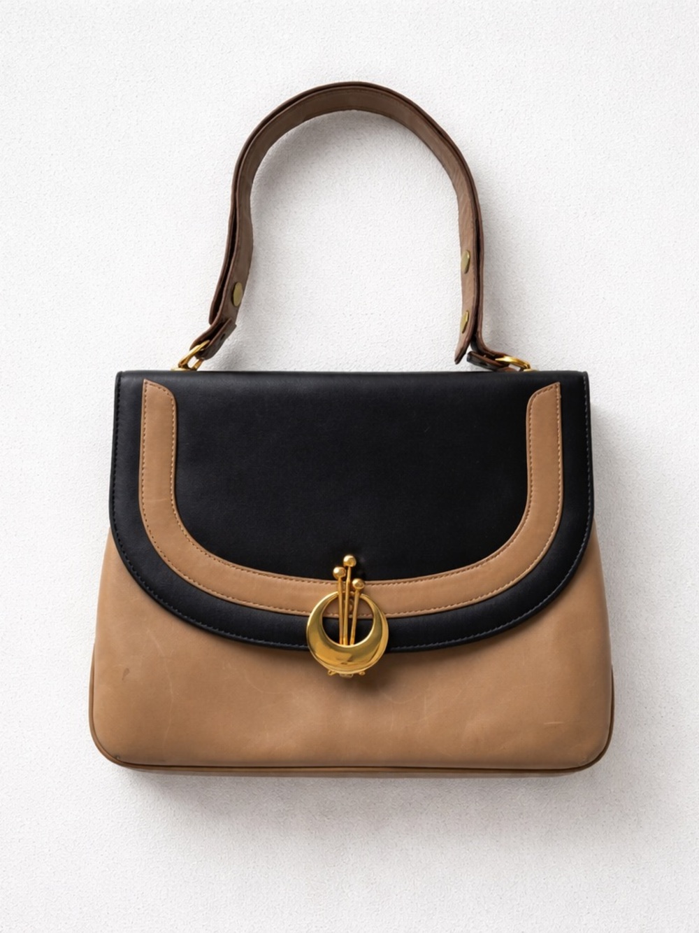 Vintage Black and Tan Structured Top-Handle Satchel - Picture 1 of 16